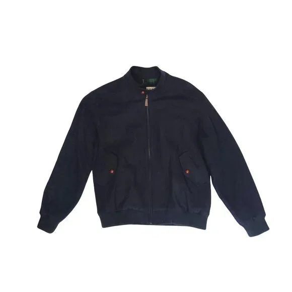 Orvis Jacket Navy Blue Wool Blend Bomber Mens L Tartan Plaid Lining Button Coat